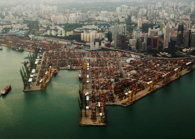An aerial view of shipping containers stacked at the port of Singapore